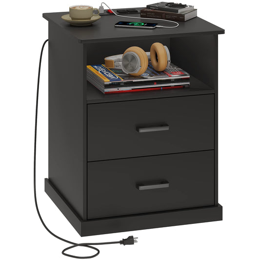 Hasuit Night Stand Set of 2 with Charging Station, Large Nightstands with Storage Drawers and Open Cubby, Black Bedside Side End Table for Home Office, Wider Tabletop 19.0'' x 15.0''
