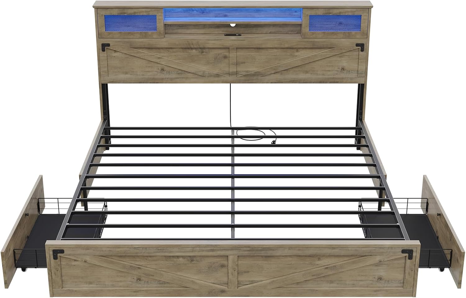 Hasuit Farmhouse Bed Frame King Size with Bookcase Headboard and 2 Drawers, Wooden Platform King Bed with LED Lights and Charging Station, Rustic Accent Headboard with Sliding Door, Rustic Brown