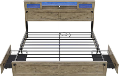 Hasuit Farmhouse Bed Frame King Size with Bookcase Headboard and 2 Drawers, Wooden Platform King Bed with LED Lights and Charging Station, Rustic Accent Headboard with Sliding Door, Rustic Brown