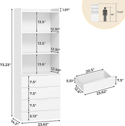 DICTAC Bookcase Set of 2 with 3 Drawers 73.23'' White Bookshelf Storage Cabinets with Shelves and Drawers Kitchen Pantry with Microwave Stand,Storage Organizer for Living Room,Office,Study, Bathroom