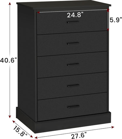 Hasuit Black Dresser for Bedroom, 5 Drawer Dresser with Sturdy Base, Wooden Large Capacity Storage Cabinet, Tall Chest of 5 Drawers for Closet, Living Room, Hallway
