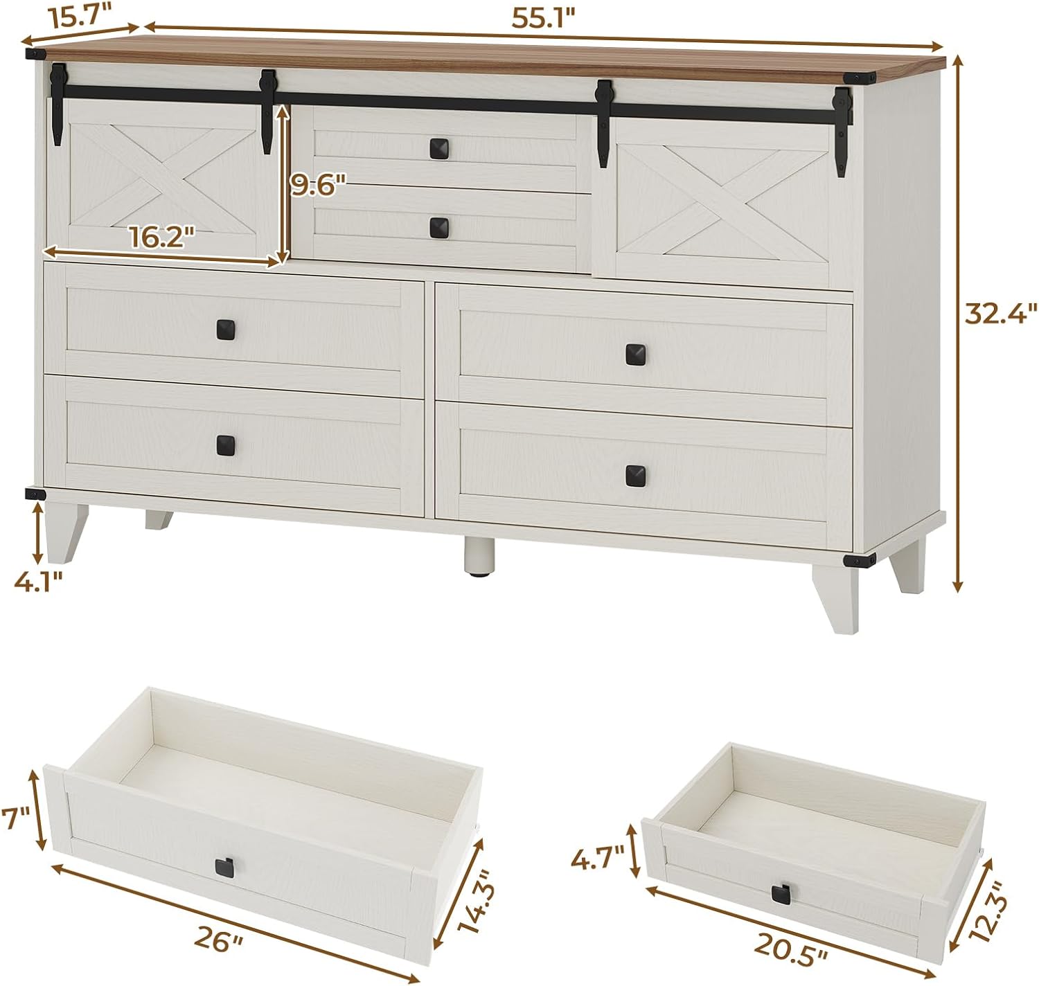 Hasuit Farmhouse 6 Drawer Dresser for Bedroom, Retro Chest of Drawers with Sliding Barn Door, Bedroom Long Storage Dressers Organizer, White