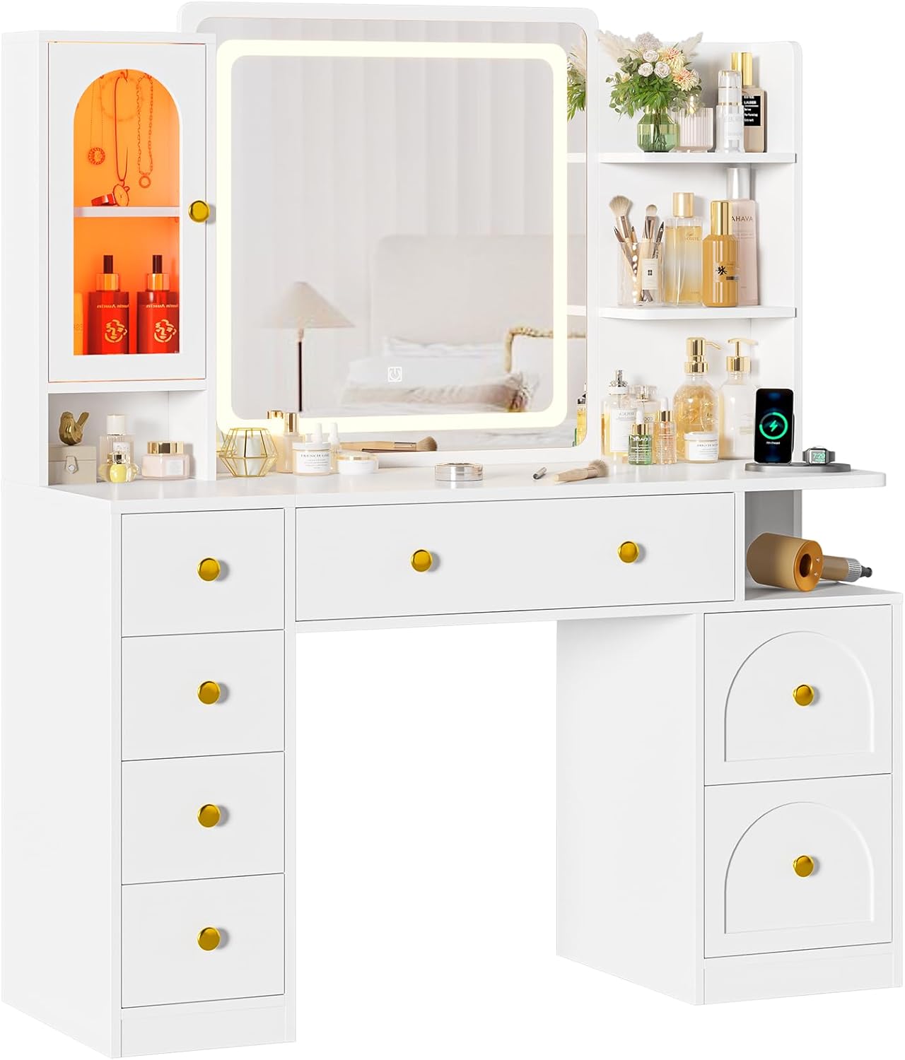Hasuit White Vanity Desk with Mirror and LED Lights, Large Makeup Vanity Desk with 7 Drawers, Storage Shelves and RGB Glass Cabinet, Dressing Table for Bedroom with Charging Station, Lights Adjustable