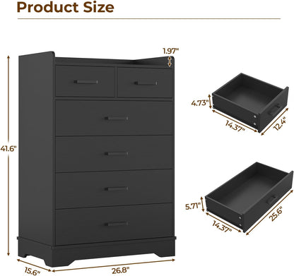 Hasuit Black 6 Drawer Dresser, Wooden Storage Chest of 6 Drawers, Vertical Large Capacity Clothing Storage Organizer, Tall Dressers for Bedroom, Hallway, Entryway