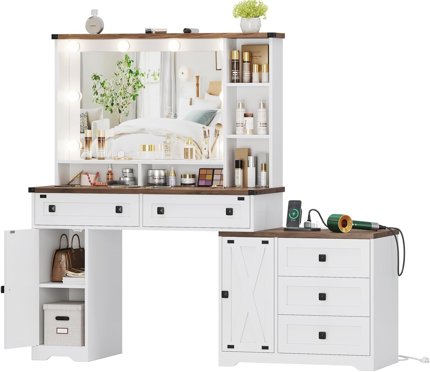 Hasuit 56.5 Inches Makeup Vanity Desk with Hollywood Mirror and Charging Station