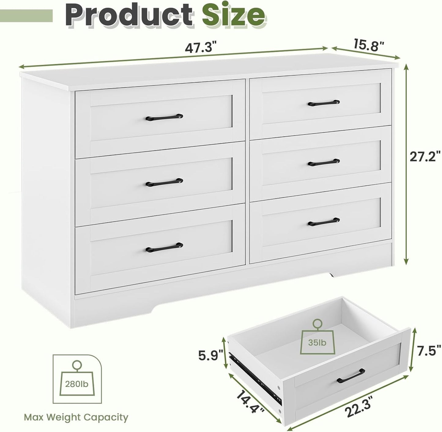 Hasuit Modern Wooden White Dresser for Bedroom with 6 Large Drawers