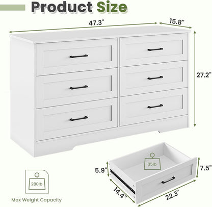 Hasuit Modern Wooden White Dresser for Bedroom with 6 Large Drawers