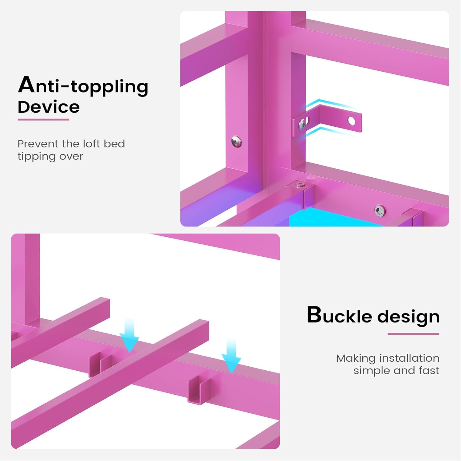 Hasuit Twin Pink Loft Bed with LED Lights, Loft Bed Twin Size with Full-Length Guardrail &Clothes Rack, Heavy Duty Loft Beds Frame, Space-Saving, Noise Free, No Box Spring Needed, Pink