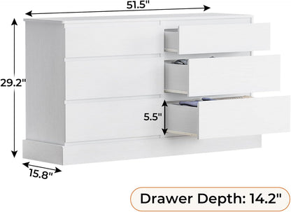Hasuit 6 Drawer Double Dresser, 51.5''W Wooden Storage Chest of 6 Drawers, Large Capacity Clothing Storage Cabinet, Wide White Dresser for Bedroom
