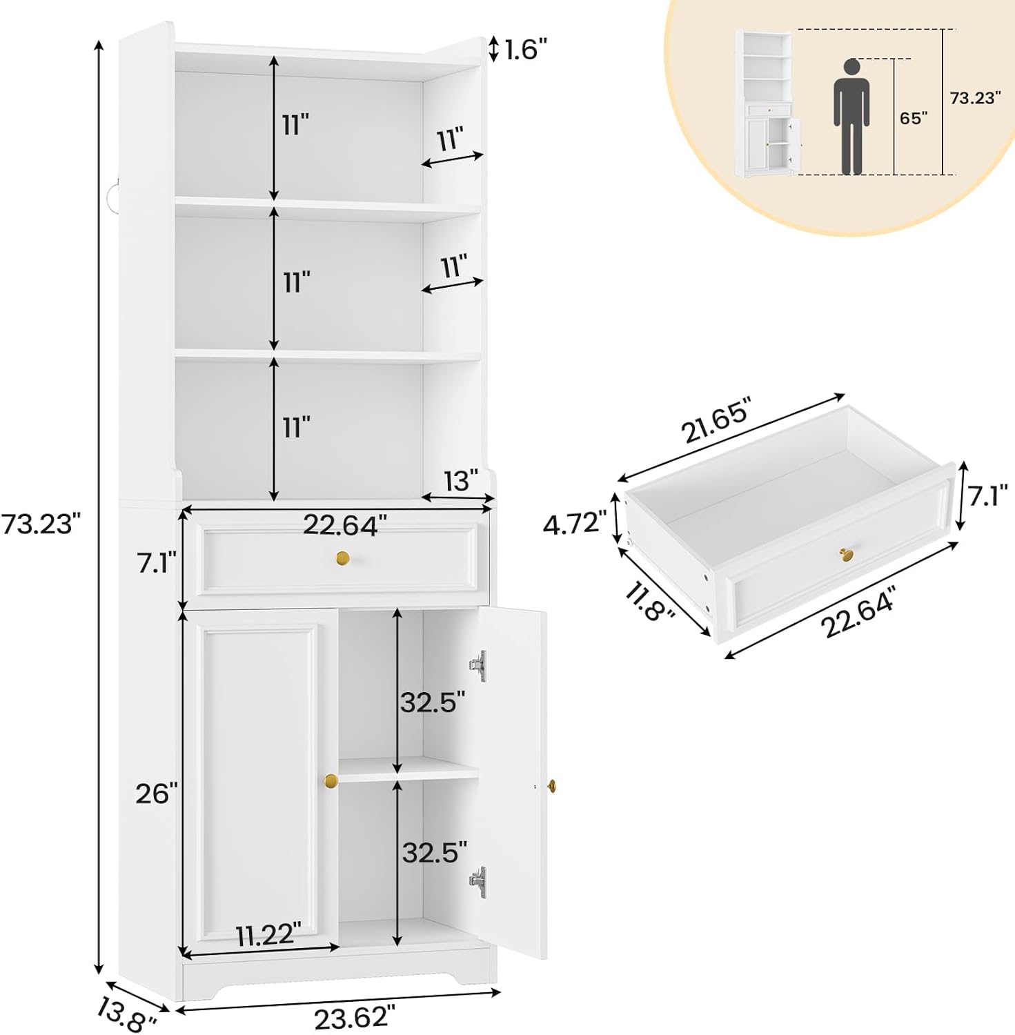 DICTAC Bookcase Set of 2 with Drawer and Doors 73.23''Tall Bookshelf with Open Shelves Freestanding Storage Cabinet with Microwave Space Storage Organizer for Home Office,Living Room,Bathroom,White