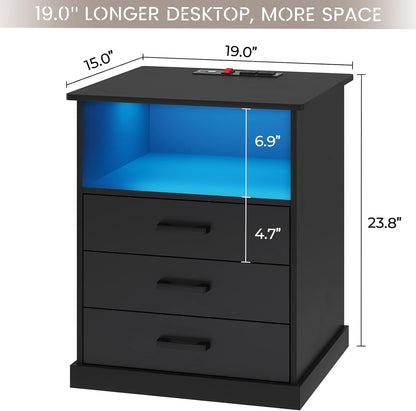 Hasuit Nightstand with Charging Station and LED Lights, Large Bedside Table with 3 Storage Drawer, Black Night Stand for Bedroom, Wider Tabletop 19.0''(L) x 15.0''(W)