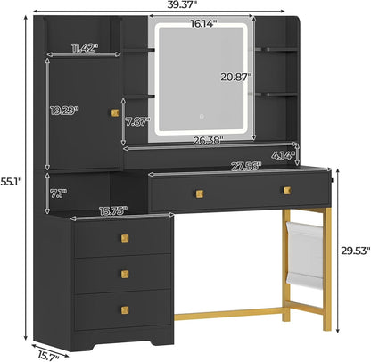 Hasuit Makeup Vanity Desk with Mirror and LED Lights Charging Station Jewelry Cabinet Black