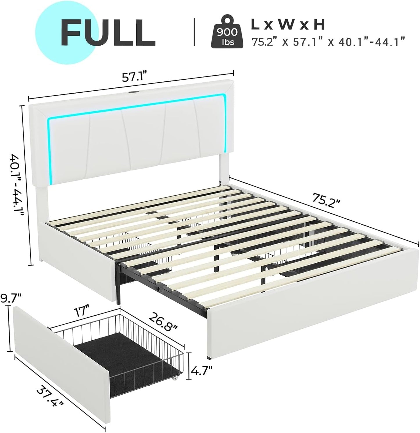 4 Drawers Faux Leather Upholstered Platform Bed Frame with LED Headboard White