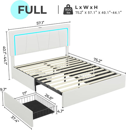 4 Drawers Faux Leather Upholstered Platform Bed Frame with LED Headboard White