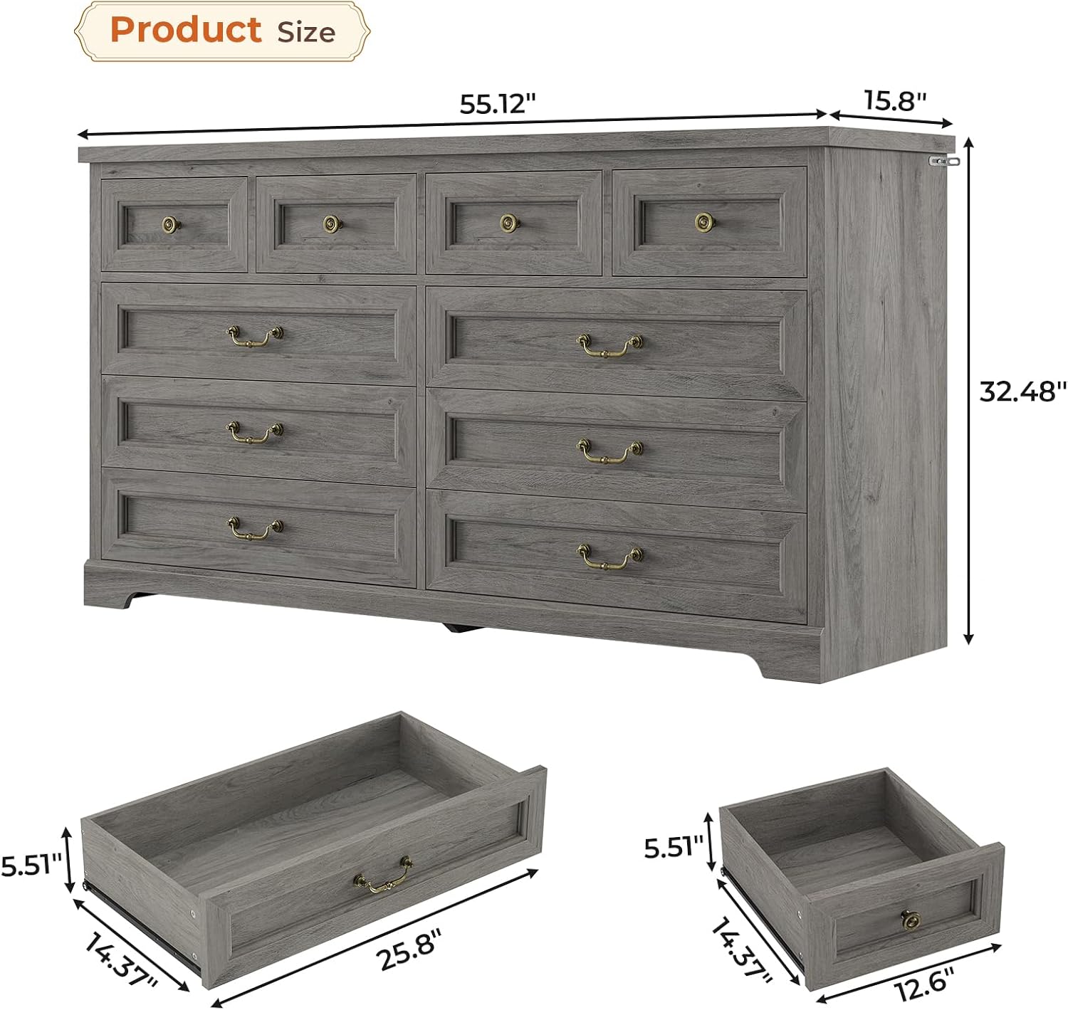 Hasuit Farmhouse 10 Drawer Dresser for Bedroom, 55.1" Wide Dressers Chest of Drawers, Rustic Wood Storage Cabinet with Deep Drawers and Vintage Handle, Large Gray Dresser for Bedroom, Closet, Hallway