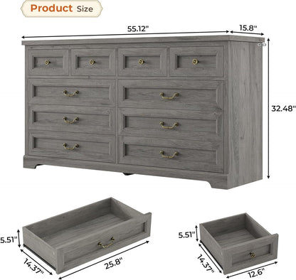 Hasuit Farmhouse 10 Drawer Dresser for Bedroom, 55.1" Wide Dressers Chest of Drawers, Rustic Wood Storage Cabinet with Deep Drawers and Vintage Handle, Large Gray Dresser for Bedroom, Closet, Hallway