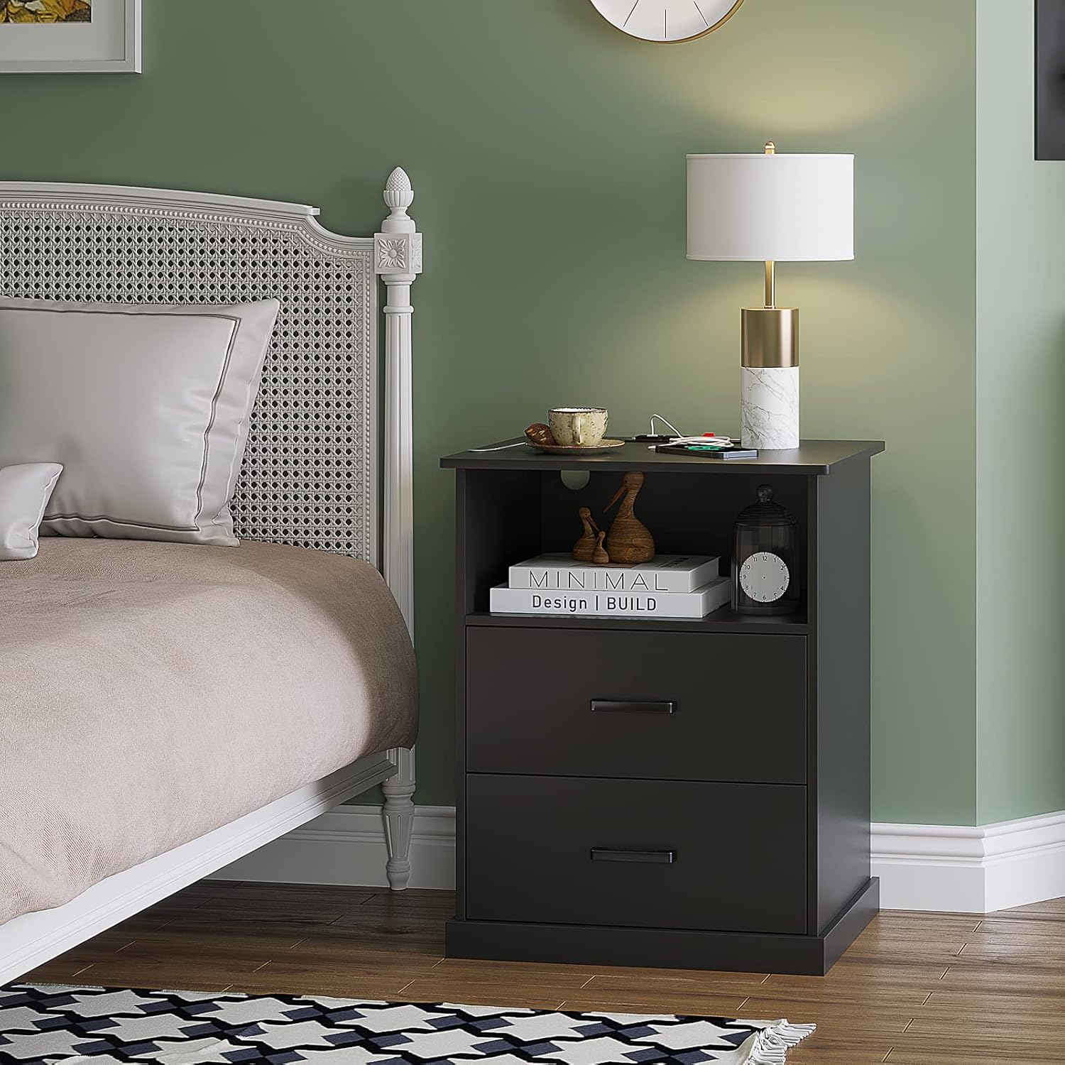 Hasuit Night Stand Set of 2 with Charging Station, Large Nightstands with Storage Drawers and Open Cubby, Black Bedside Side End Table for Home Office, Wider Tabletop 19.0'' x 15.0''
