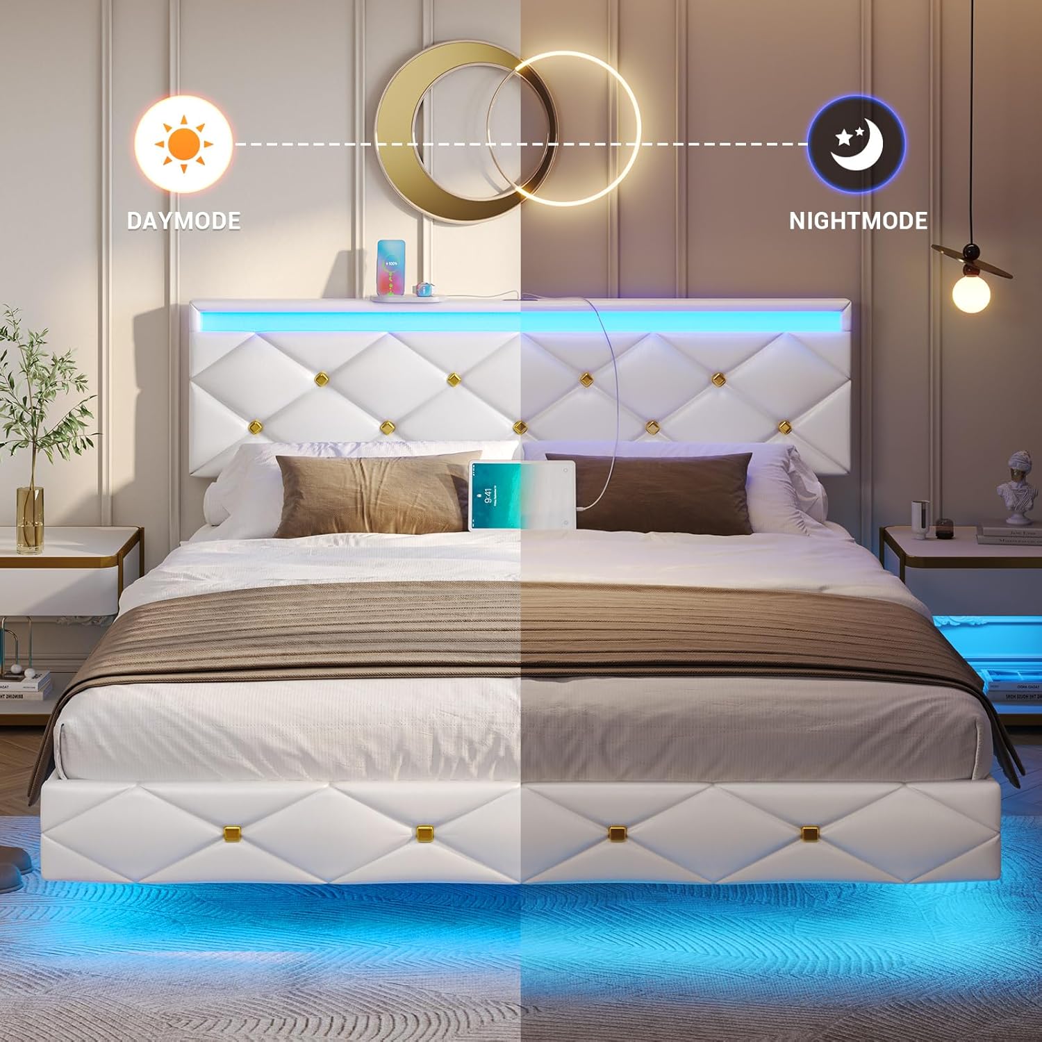 Hasuit Floating Bed Frame Queen Size with LED Lights and Charging Station, Modern Queen Platform Bed with Vegan Leather Upholstered Headboard, No Box Spring Needed, Noise Free, Easy to Assemble
