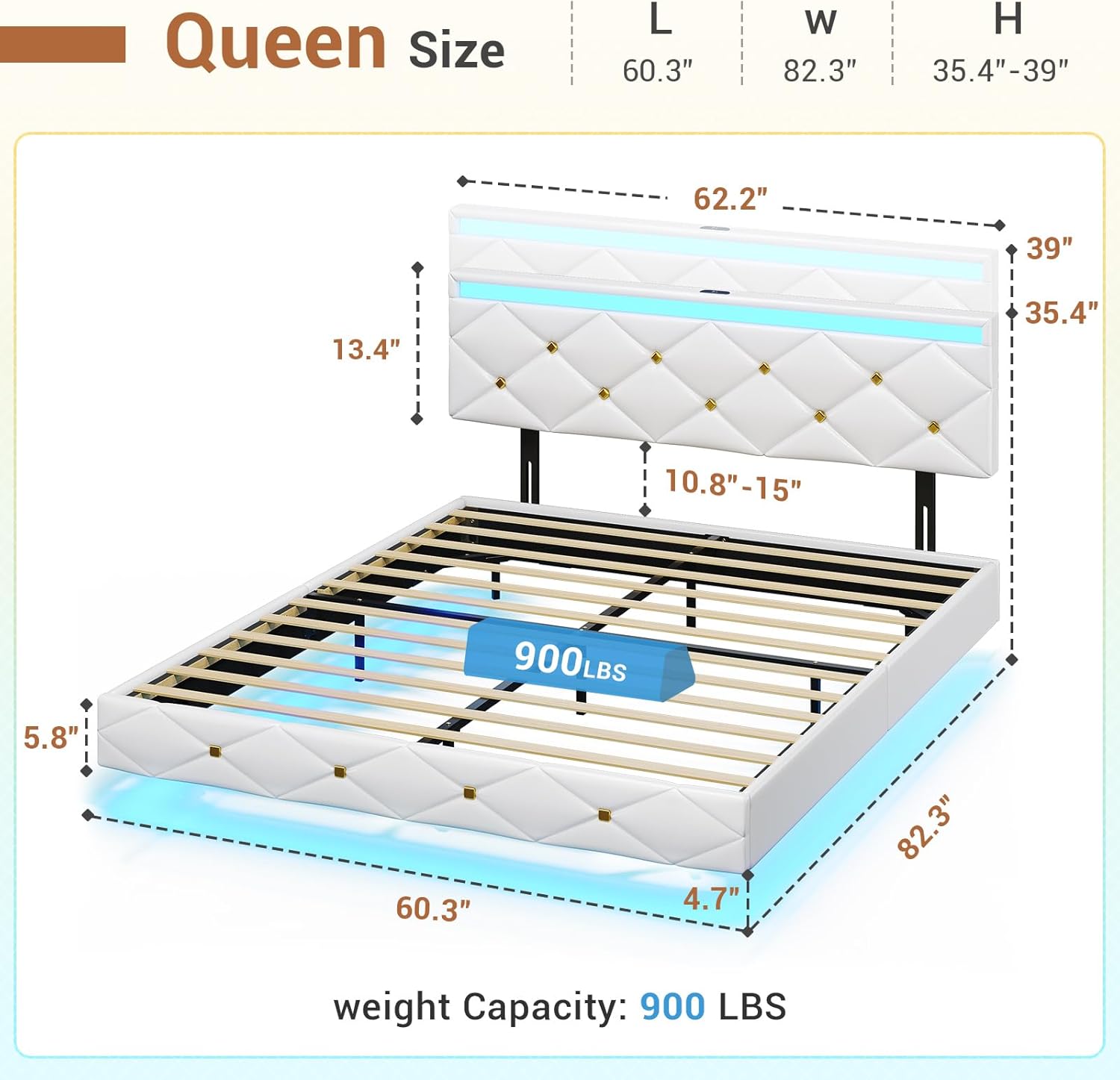 Hasuit Floating Bed Frame Queen Size with LED Lights and Charging Station, Modern Queen Platform Bed with Vegan Leather Upholstered Headboard, No Box Spring Needed, Noise Free, Easy to Assemble