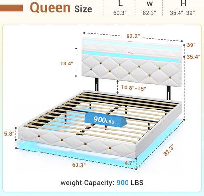 Hasuit Floating Bed Frame Queen Size with LED Lights and Charging Station, Modern Queen Platform Bed with Vegan Leather Upholstered Headboard, No Box Spring Needed, Noise Free, Easy to Assemble