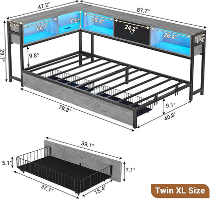 Hasuit Kids Corner Twin Bed with Storage, Charging & LED Light