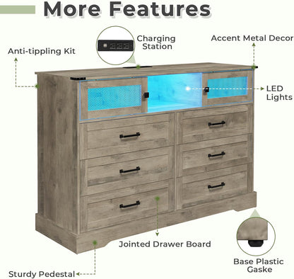 Hasuit 6 Drawer Dresser with LED Lights and Charging Station, Farmhouse Chest of Drawers Closet Organizer, Clothes Storage Cabinet Double Dressers for Bedroom, Living Room, Hallway, Rustic Oak
