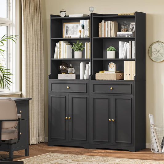 DICTAC Bookcase Set of 2 with Drawer and Doors 73.23''Tall Bookshelf with Storage Shelves Freestanding Storage Cabinet with Microwave Space storage Organizer for Home Office,Living Room,Bathroom,Black