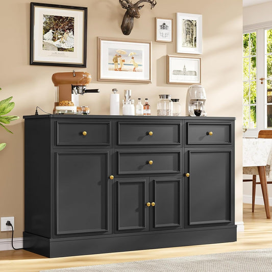 Hasuit 55.1"W Black Kitchen Sideboard Buffet Cabinet with Power Outlets and Storage Drawers