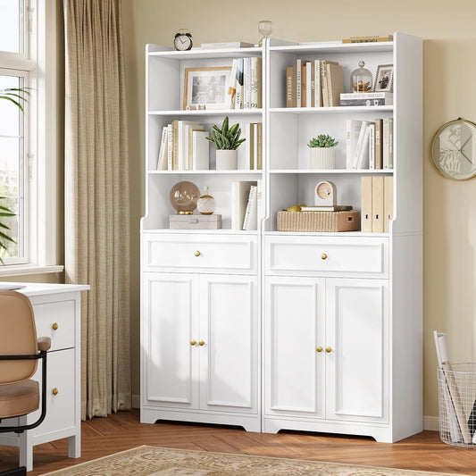 DICTAC Bookcase Set of 2 with Drawer and Doors 73.23''Tall Bookshelf with Open Shelves Freestanding Storage Cabinet with Microwave Space Storage Organizer for Home Office,Living Room,Bathroom,White