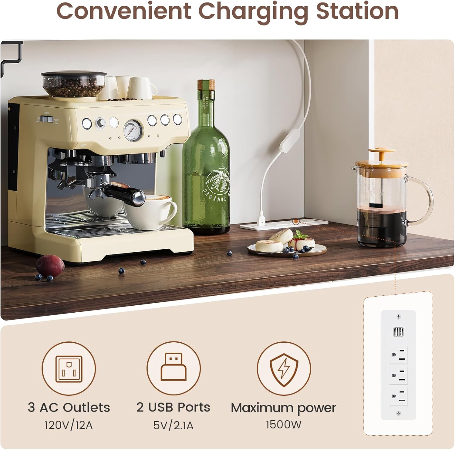 DICTAC Buffet Cabinet with Storage and Charging Station Coffee Bar Station with LED Light Farmhouse Kitchen Sideboard Cabinets with Hutch,Wine Cabinet with Sliding Barn Door and Wine Glass Rack,White