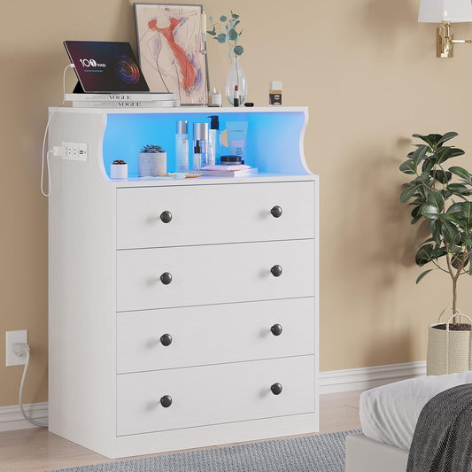 Hasuit White Dresser with Charging Station, LED Dresser with 4 Large Drawers, Chest of Drawers with Open Space, Large Capacity Tall Storage Cabinet, White Dressers for Bedroom