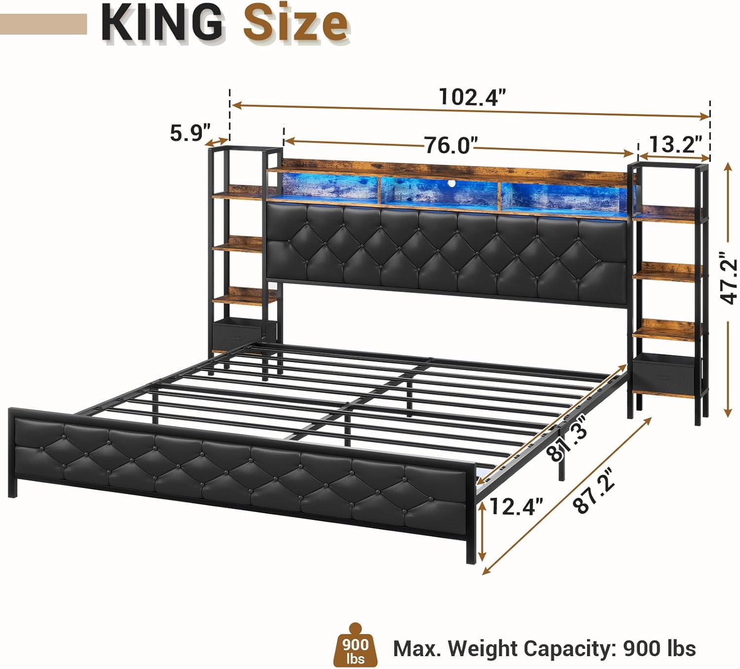 Hasuit King Farmhouse Bed Frame, King Size Platform Bed with LED Lights and Charging Station, Artificial Leather Headboard with Bookcase Shelves, No Box Spring Needed, Noise Free