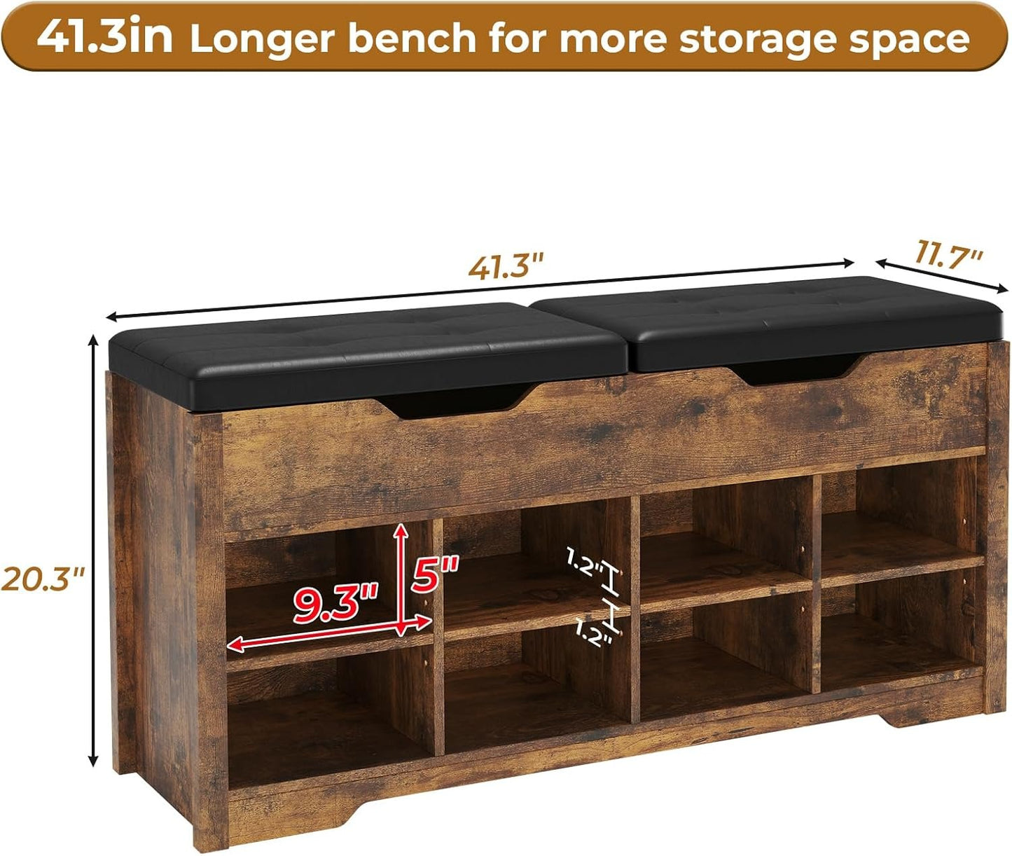 Hasuit 8 Adjustable Cubbies Shoe Organizer Bench With Cushion Seat And 2 Lift Top Storage Boxes Brown