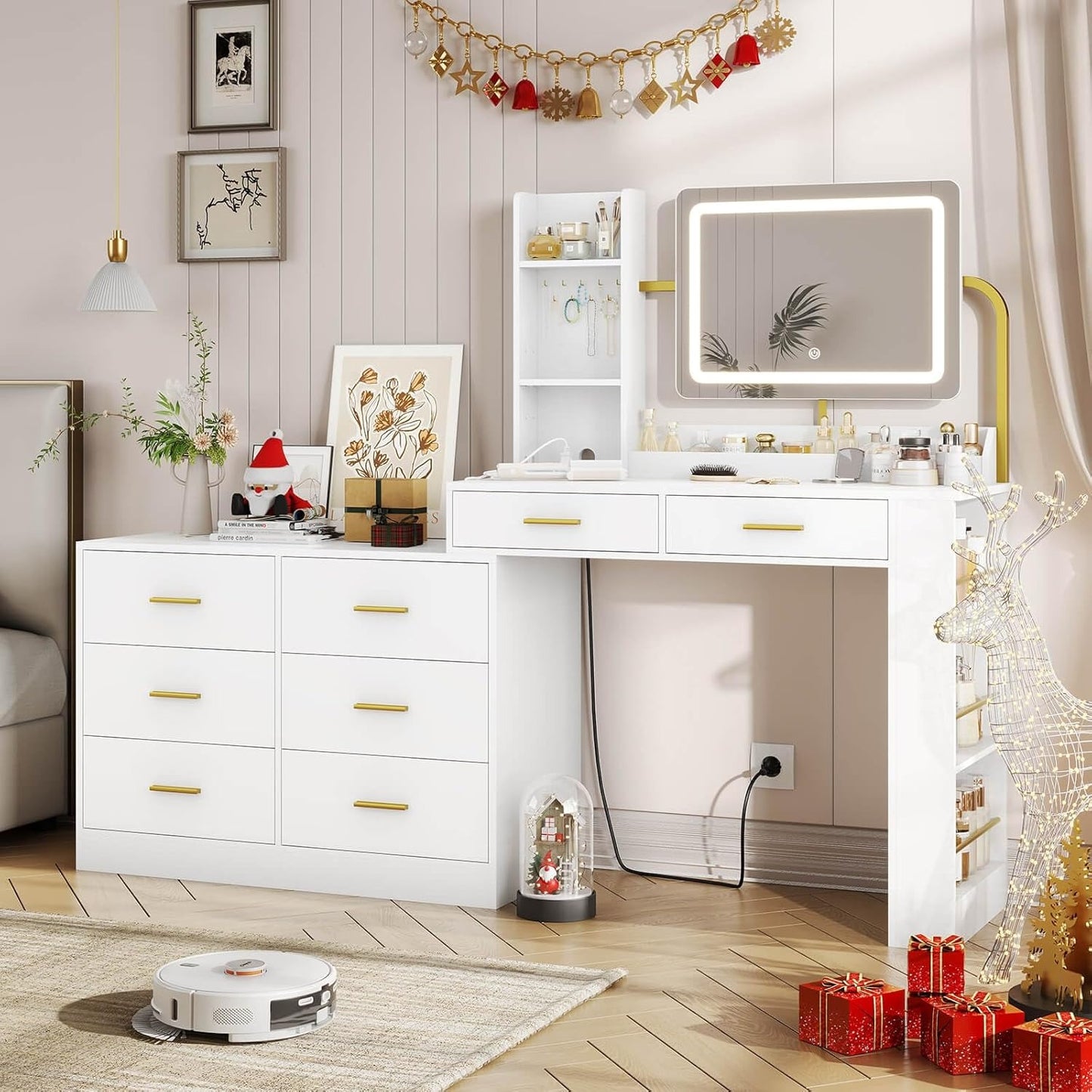 Hasuit White LED Makeup Dressing Vanity Table with Mirror and Charging Station & Drawers Tabletop Shelves