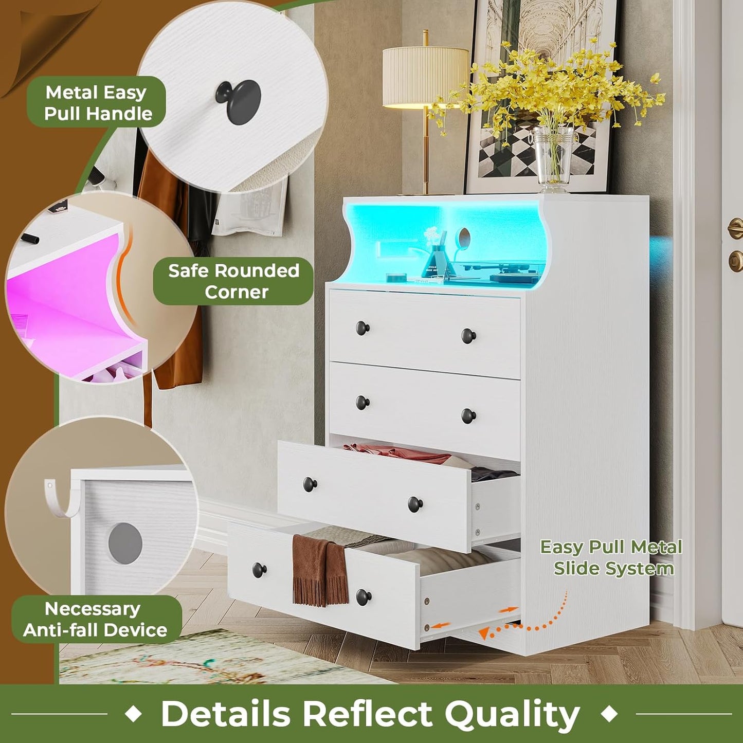 Hasuit White Dresser with Charging Station, LED Dresser with 4 Large Drawers, Chest of Drawers with Open Space, Large Capacity Tall Storage Cabinet, White Dressers for Bedroom