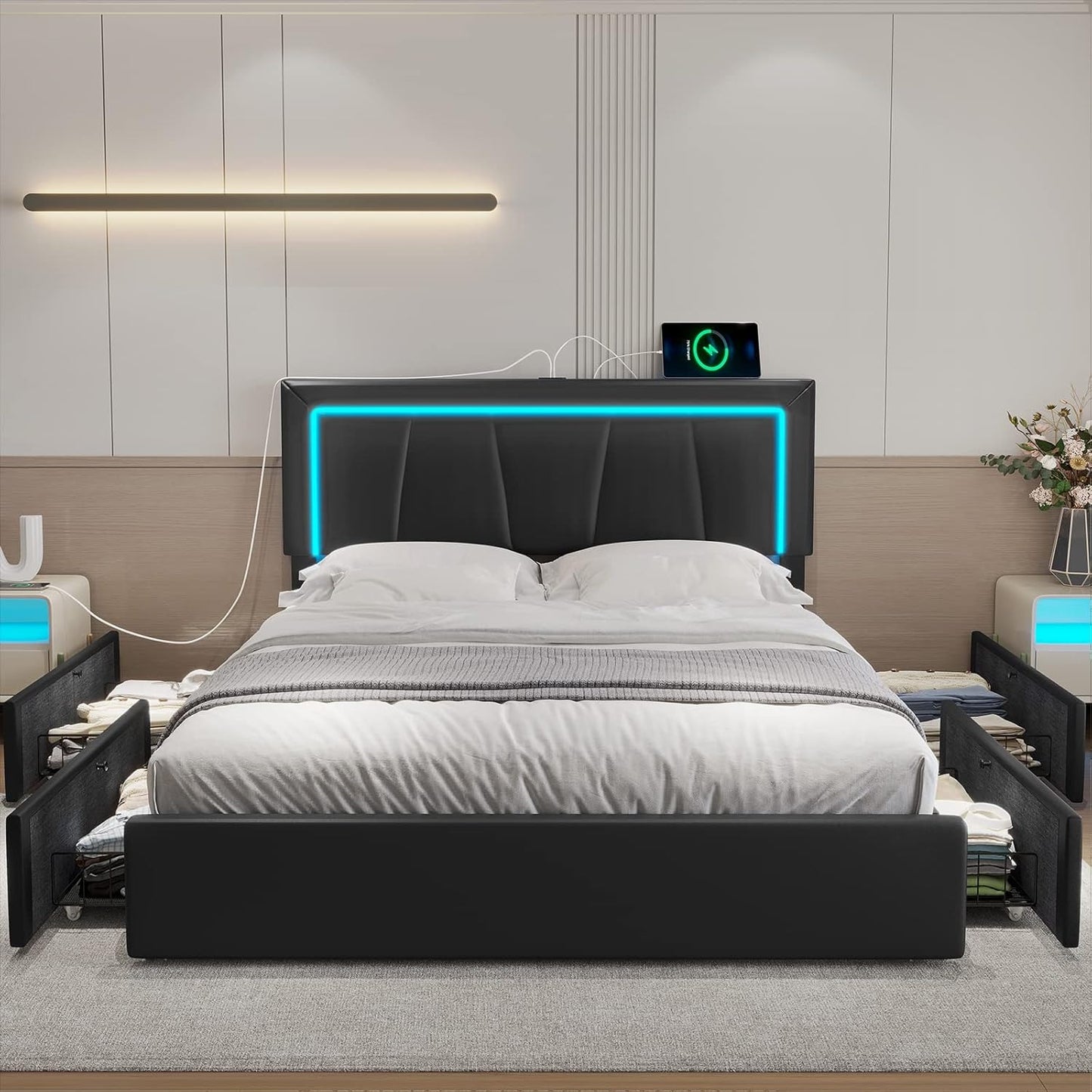 4 Drawers Faux Leather Upholstered Platform Bed Frame with LED Headboard Black