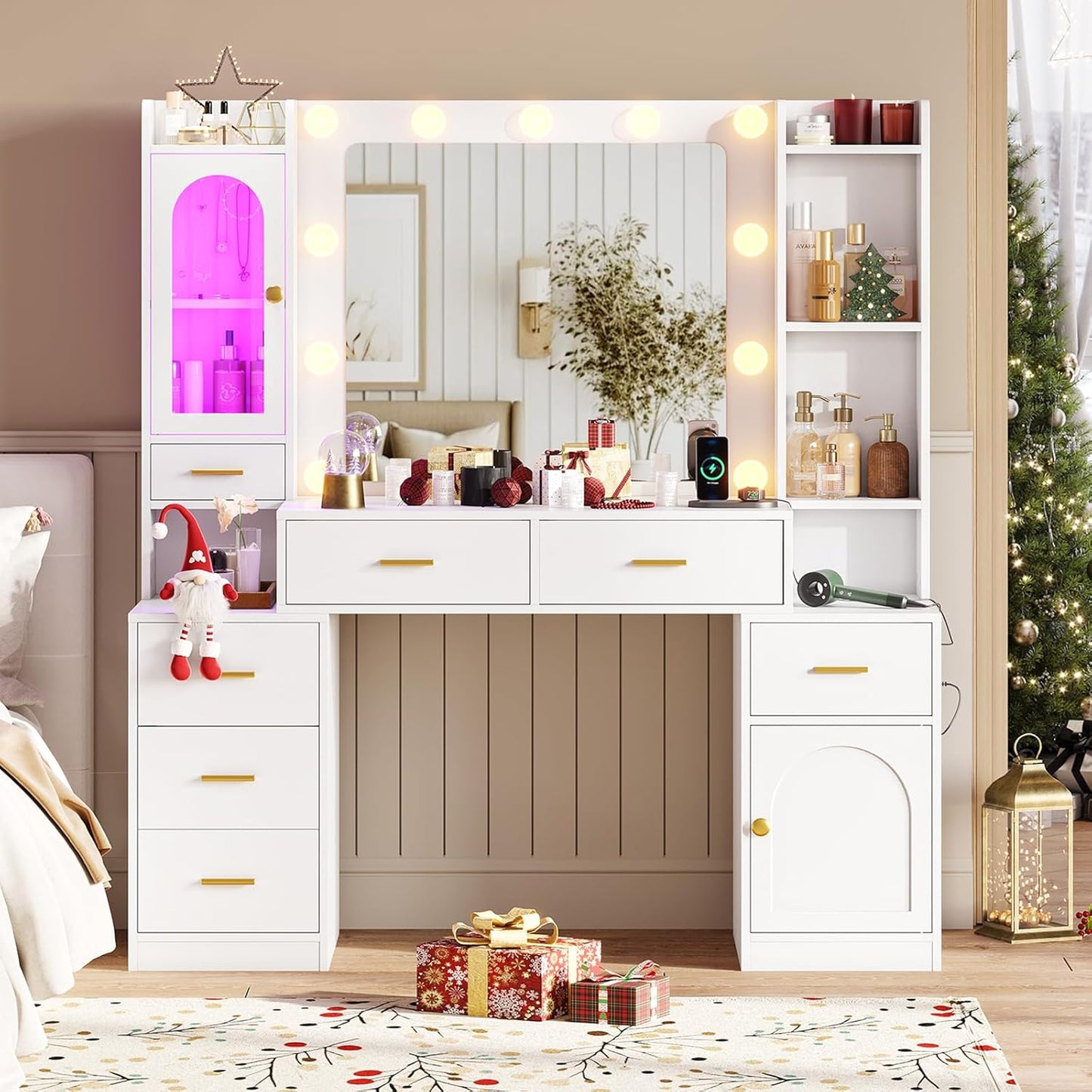 Hasuit Makeup Vanity Desk with Lighted Mirror & RGB Glass Cabinet, 49.8"W Large Vanity Desk with 7 Drawers, Shelves, Side Cabinet, White Bedroom Dressing Table with Charging Station, Lights Adjustable