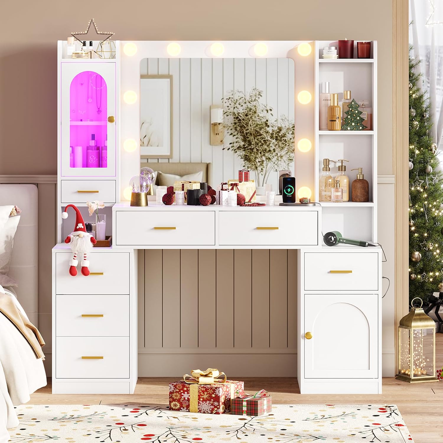 Hasuit Makeup Vanity Desk with Lighted Mirror & RGB Glass Cabinet, 49.8"W Large Vanity Desk with 7 Drawers, Shelves, Side Cabinet, White Bedroom Dressing Table with Charging Station, Lights Adjustable