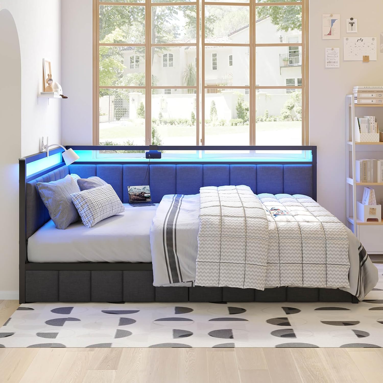 Hasuit Corner Bed Frame with Storage Drawers, Full Daybed with Line Fabric Upholstered Fence, Kids Bed Unit with LED Light and Charging Station, Modern Bed Frame Full Size, Gray