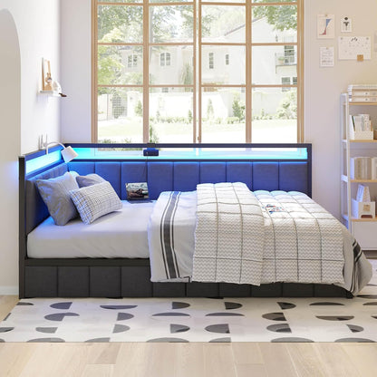 Hasuit Corner Bed Frame with Storage Drawers, Full Daybed with Line Fabric Upholstered Fence, Kids Bed Unit with LED Light and Charging Station, Modern Bed Frame Full Size, Gray