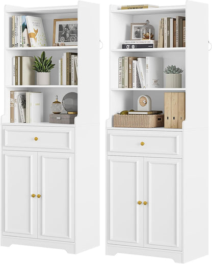 DICTAC Bookcase Set of 2 with Drawer and Doors 73.23''Tall Bookshelf with Open Shelves Freestanding Storage Cabinet with Microwave Space Storage Organizer for Home Office,Living Room,Bathroom,White