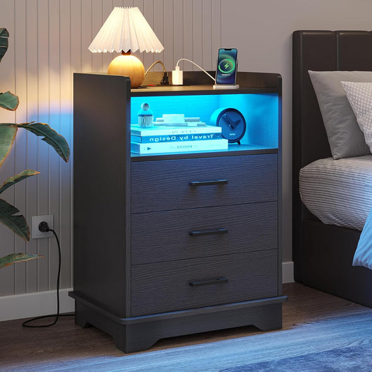 Hasuit Nightstand with Charging Station and LED Lights, Modern End Table with 3 Drawers and Open Storage, Large Bedside Table with Sturdy Base, Black Night Stand for Bedroom