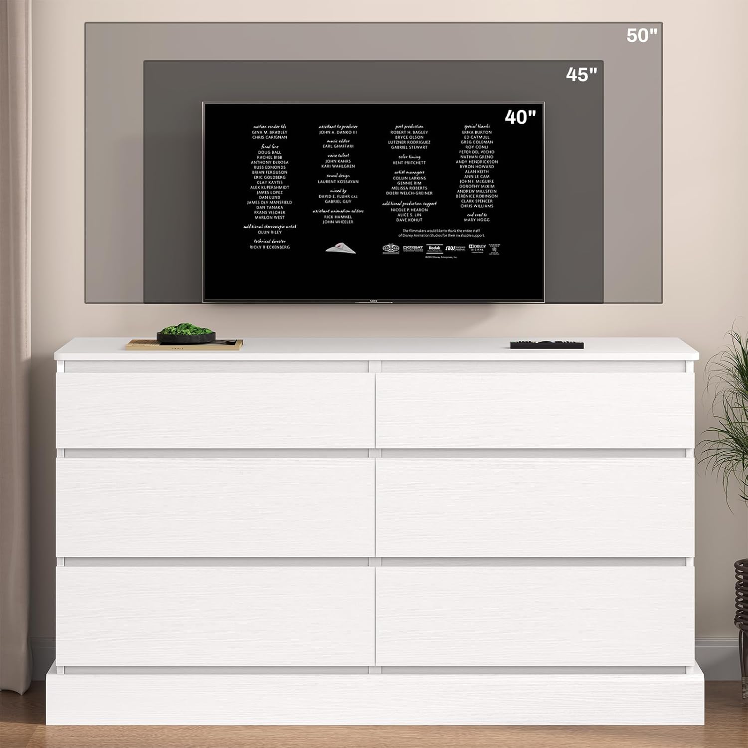 Hasuit 6 Drawer Double Dresser, 51.5''W Wooden Storage Chest of 6 Drawers, Large Capacity Clothing Storage Cabinet, Wide White Dresser for Bedroom