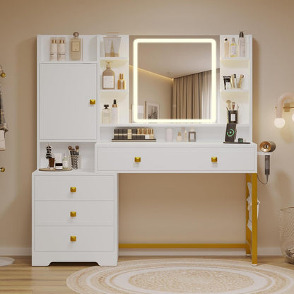 Makeup Vanity Desk with Mirror and LED Lights Charging Station Jewelry Cabinet