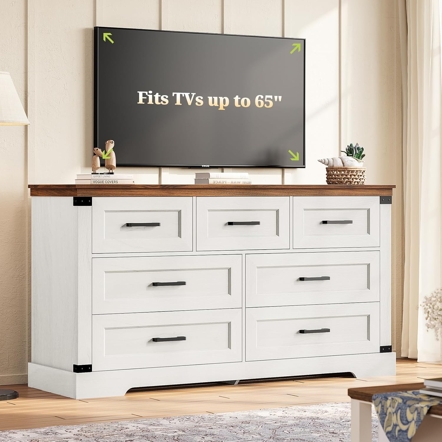 Hasuit White Dresser for Bedroom, Wooden 55.1" Long Dressers Chest of Drawer, Farmhouse 7 Drawer Dresser with Thick Styling, Large Capacity Storage Cabinet Organizer, Wide Dressers for Bedroom Hallway