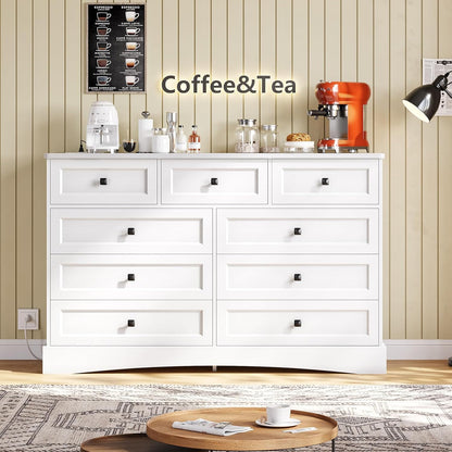 Hasuit White Dresser for Bedroom with 9 Drawers, 51.2" Large Drawer Dressers with Charging Station, Wide Farmhouse Dressers Chest of Drawers, Wooden Storage Tower Organizer, Dresser for Bedroom Closet