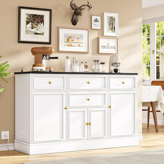 Hasuit 55.1"W White Kitchen Sideboard Buffet Cabinet with Power Outlets and Storage Drawers