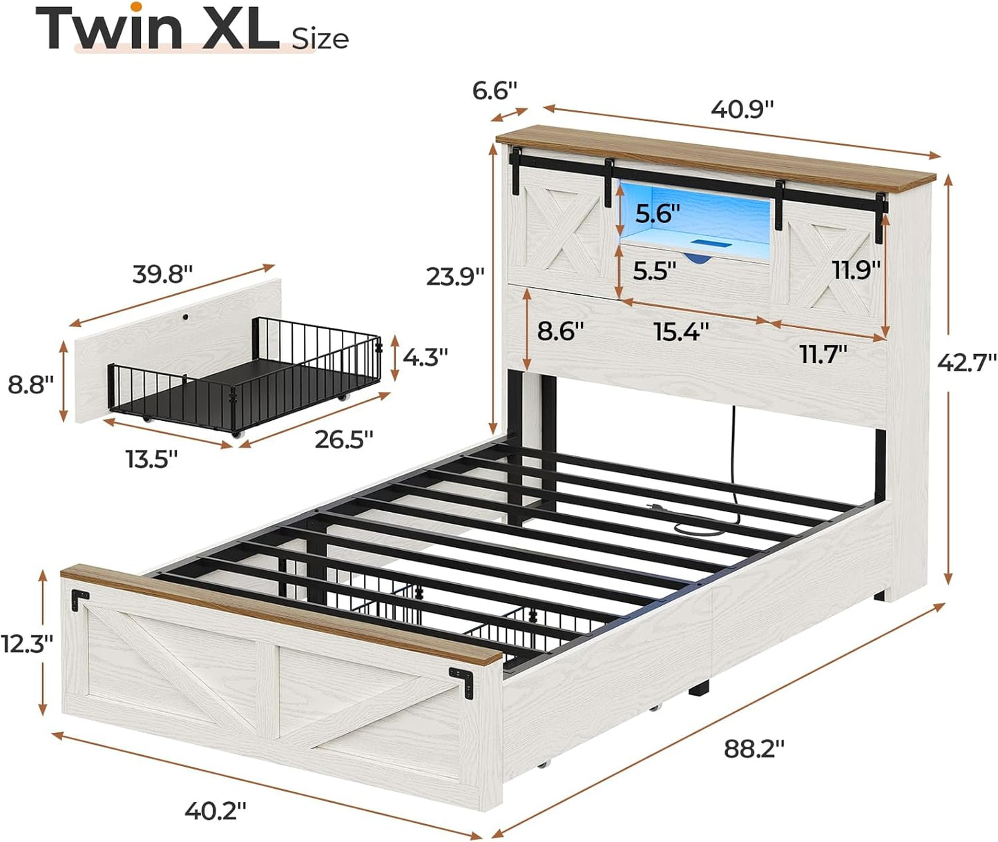 Hasuit Farmhouse Bed Frame Twin XL Size with 2 Storage Drawers, Wooden Platform Twin XL Bed with LED Lights and Charging Station, Rustic Headboard with Sliding Barn Door Storage Cabinets (White)