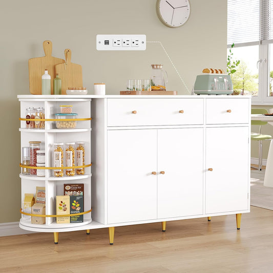 DICTAC White Buffet Cabinet with Storage and Power Outlets, 55" Large Modern Kitchen Sideboard Buffet with Drawers, Cabinet, Rotating Organizer, Trays, Wood Coffee Bar tation for Kitchen