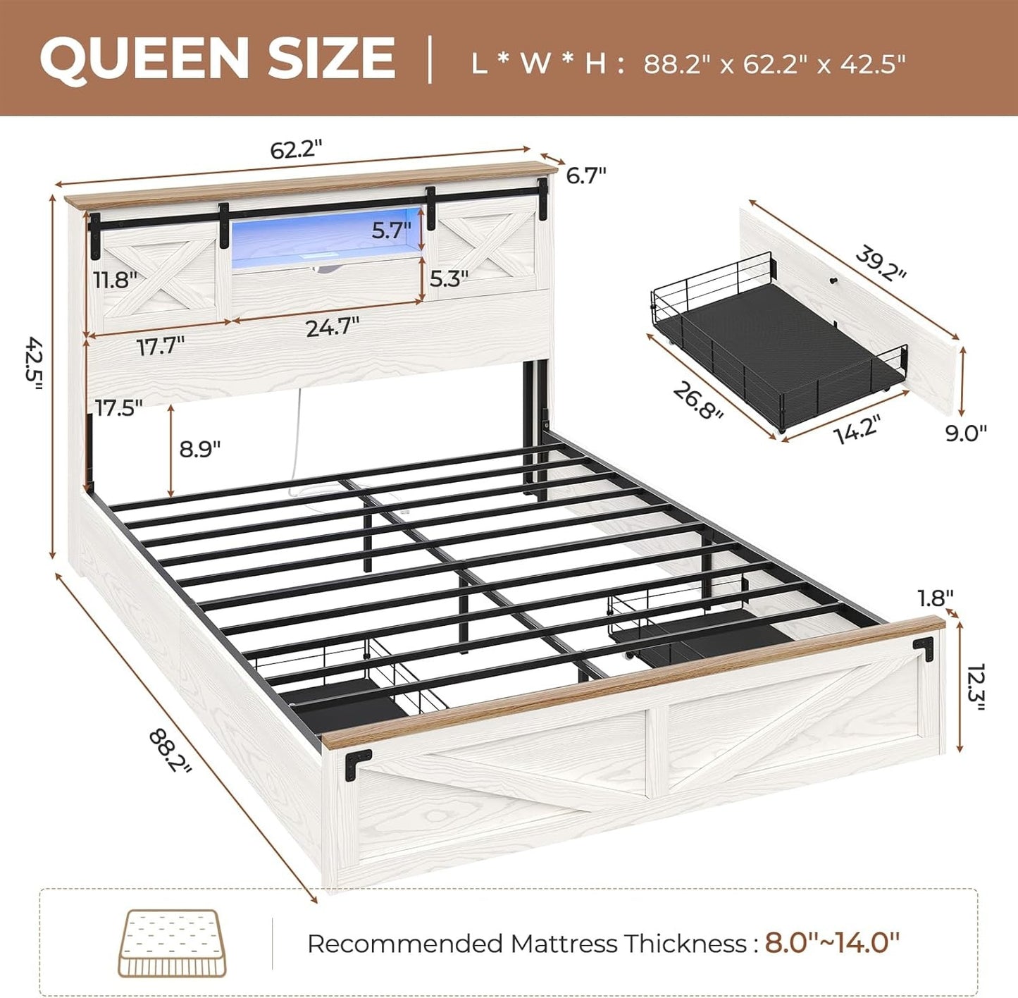 LED Farmhouse Wooden Platform Bed Frame With Charging Station 2 Drawers White